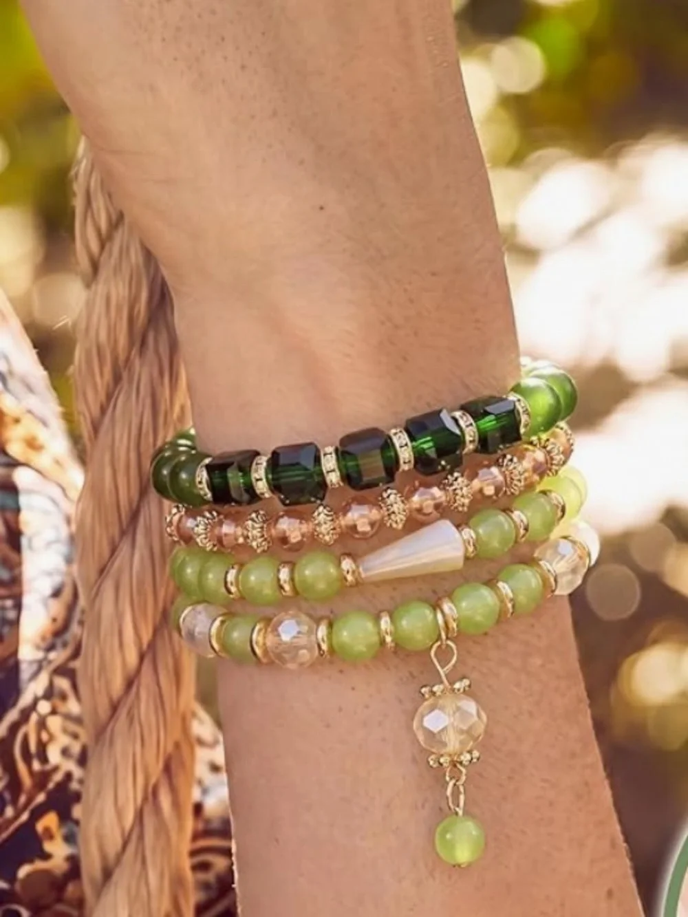 Anthropologie Green and Gold Stacked Bead Bracelet Set